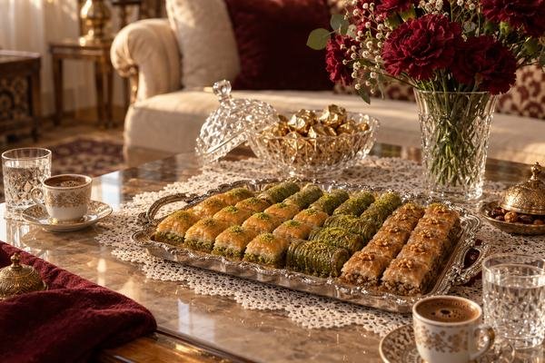 Bayram sehpasında gümüş tepside baklava ve burma kadayıf