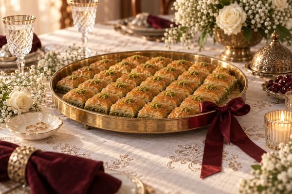Pirinç tepside dizili fıstıklı baklava, kırmızı kurdele ve nişan yüzükleri