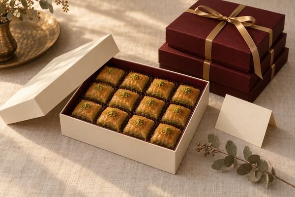 Açık hediye kutusunda dizili baklava ve kurdeleli kutular