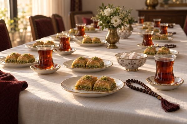 Misafir sofrasında çay eşliğinde fıstıklı baklava tabakları