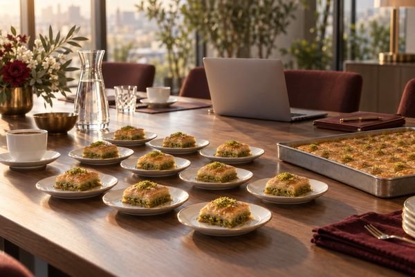 Toplantı masasında porsiyonluk baklava tabakları ve tepsi